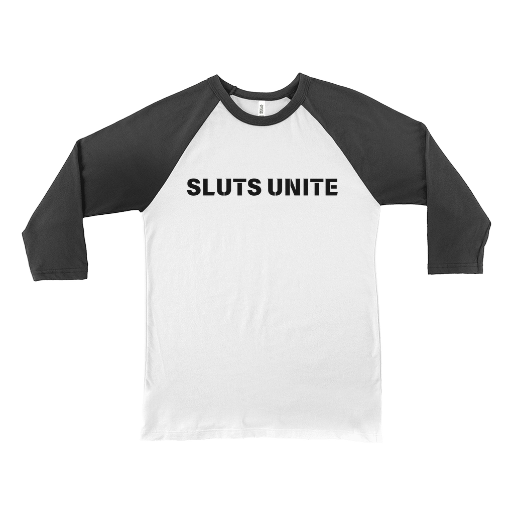 SLUTS UNITE Empowerment Retro Baseball Tee with Black Letters, Unisex 3/4 Sleeve Cotten Blend, Sustainable Bold Design