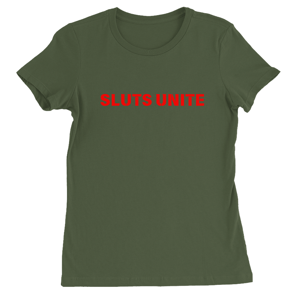 SLUTS UNITE Empowerment Statement T-Shirt with Bold Orange Lettering on Army, Military or Olive Tees, Fitted Women’s Crew Neck Cotton Blend.