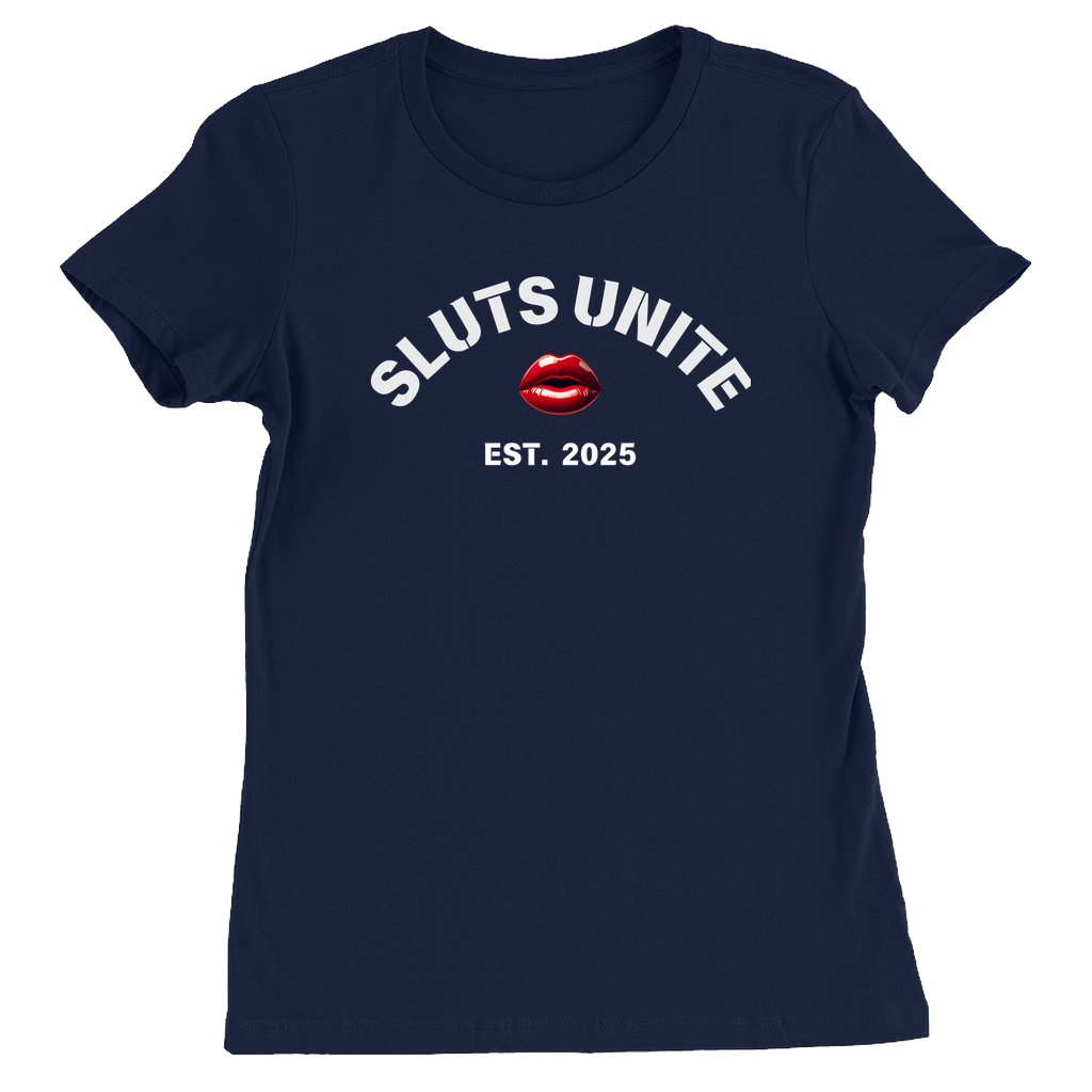 SLUTS UNITE Empowerment Statement T-Shirt, Red Lips and White Lettering, Navy Women's Fitted Crew Neck Cotton Blend, Sustainable Bold Design