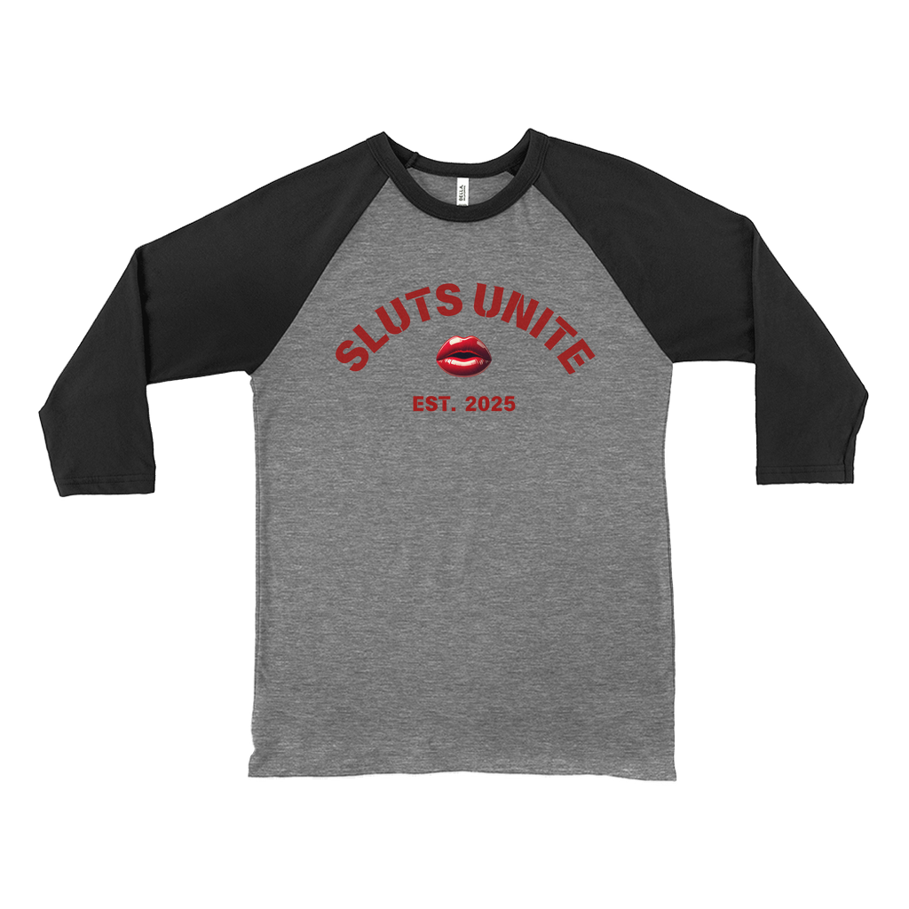 SLUTS UNITE Empowerment Retro Baseball Tee with Red Lips and Letters, Unisex 3/4 Sleeve Cotten Blend, Sustainable Bold Design