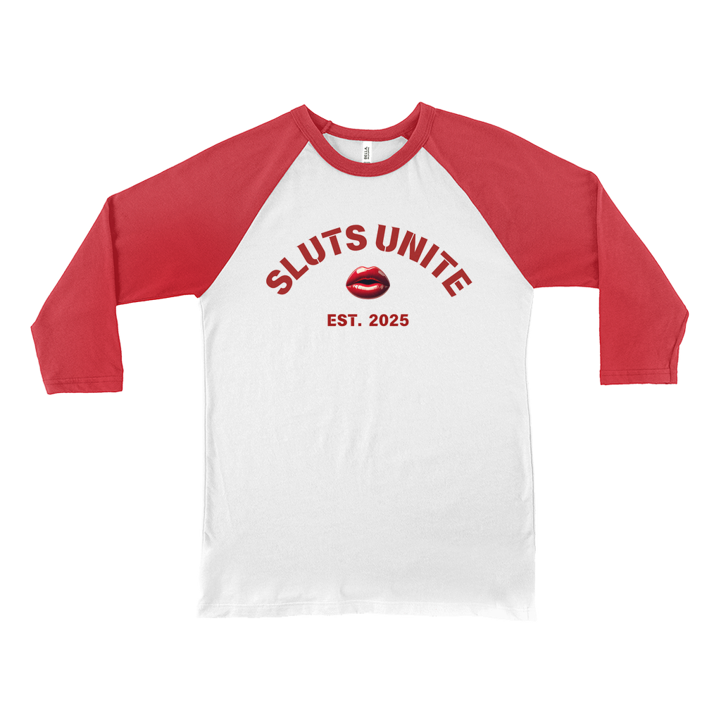 SLUTS UNITE Empowerment Retro Baseball Tee with Red Lips and Letters, Unisex 3/4 Sleeve Cotten Blend, Sustainable Bold Design