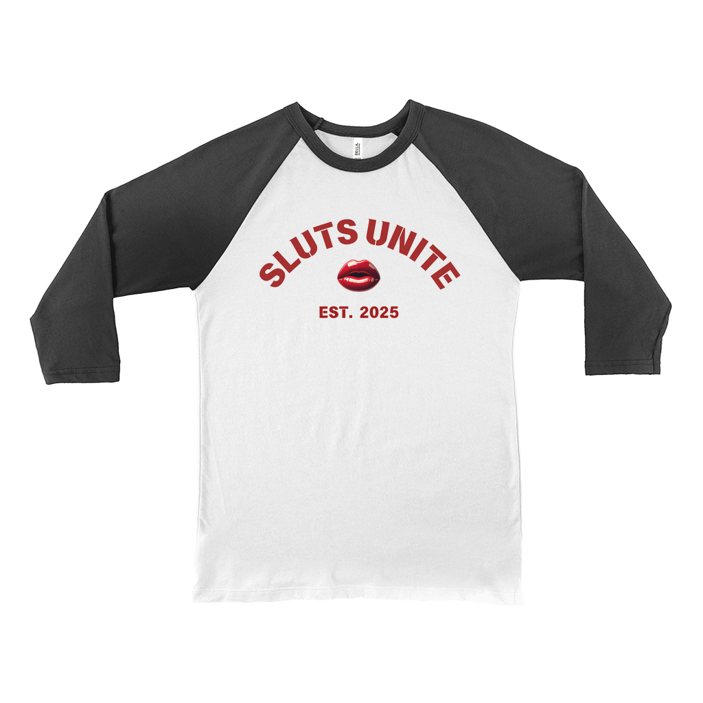 SLUTS UNITE Empowerment Retro Baseball Tee with Red Lips and Letters, Unisex 3/4 Sleeve Cotten Blend, Sustainable Bold Design