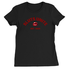 SLUTS UNITE Empowerment Statement Black T-Shirt with Red Lips and Letters, Fitted Women’s Crew Neck Cotton Blend, Sustainable Bold Design