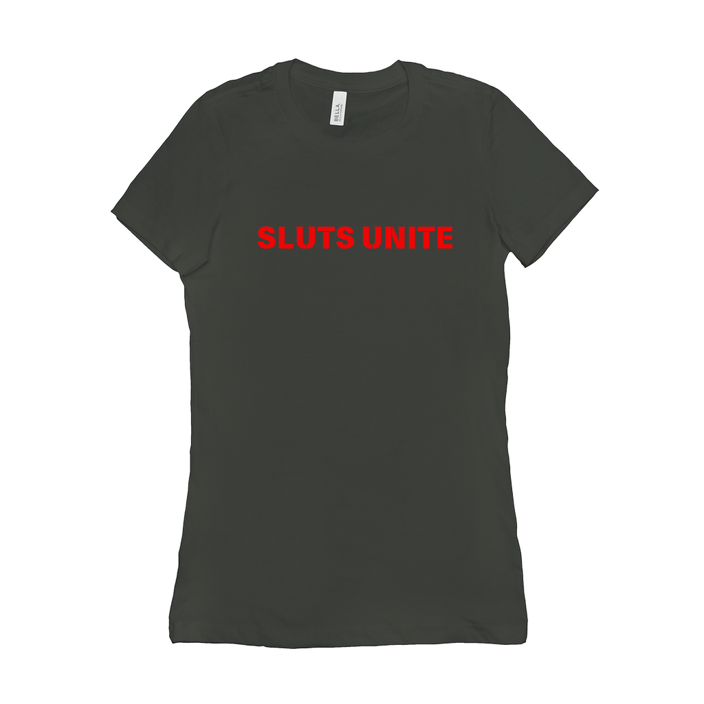 SLUTS UNITE Empowerment Statement T-Shirt with Bold Orange Lettering on Army, Military or Olive Tees, Fitted Women’s Crew Neck Cotton Blend.