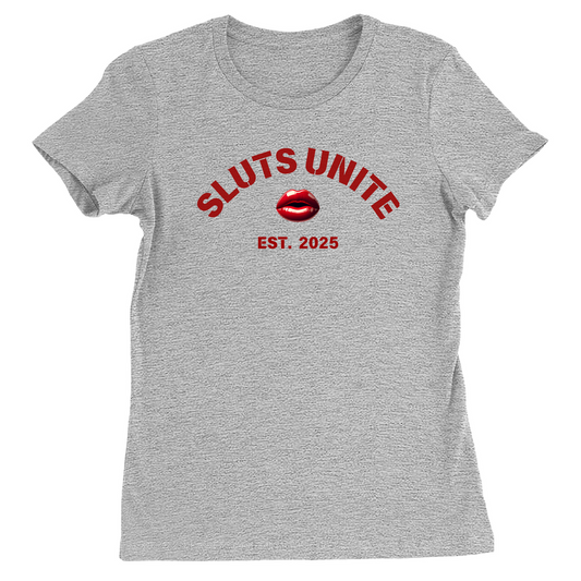 SLUTS UNITE Empowerment Statement T-Shirt with Red Lips and Letters, Athletic Heather Fitted Women's Crew Neck Cotton Blend